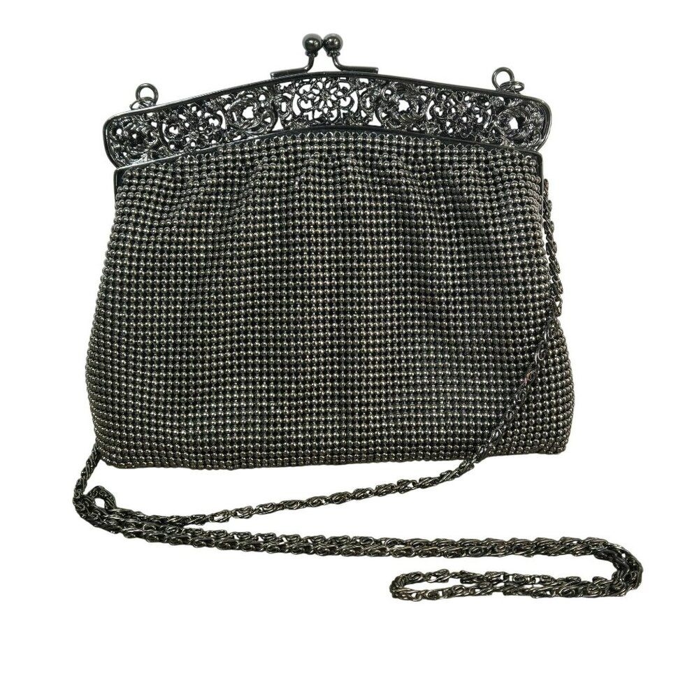 Vintage Talbots Black Beaded Evening Purse With Ornate Metal Frame & Chain Strap